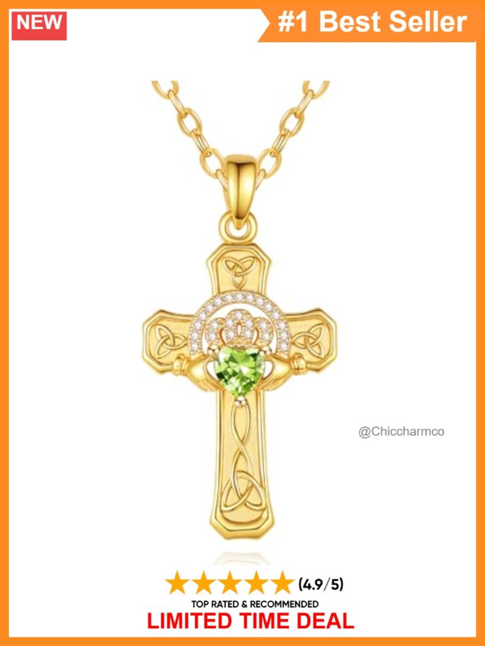 14K Gold Plated Celtic Cross Necklace with Peridot Birthstone for Women